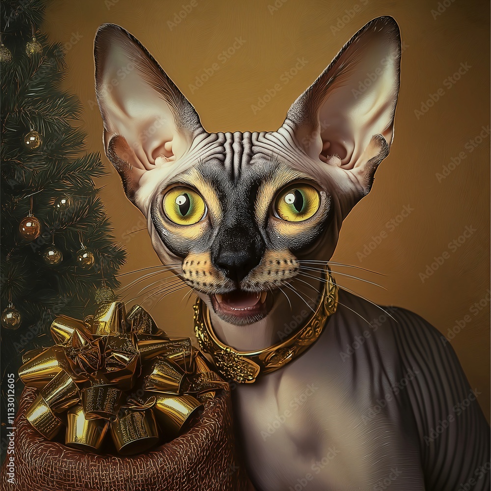 Photo: A realistic portrait of the cat in the world as Santa Claus, wearing a Santa hat and a red Santa coat, full body ,to his left is a big sack with lots of presents, in the background a Christmas