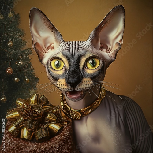 Obraz na płótnie
Photo: A realistic portrait of the cat in the world as Santa Claus, wearing a Santa hat and a red Santa coat, full body ,to his left is a big sack with lots of presents, in the background a Christmas w salonie