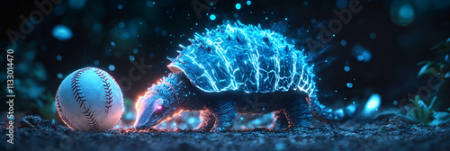 A digital baseball icon with a glowing armadillo, symbolizing online sports platforms studying defense and agility in nature.   photo