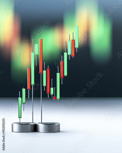 Dynamic price swings in financial markets represented by fluctuating graphs and colorful candlestick charts. photo