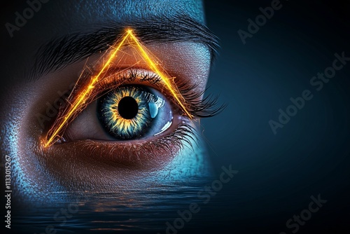 A clean, minimalist depiction of an evil eye symbol, with sharp geometric shapes and glowing lines against a dark background photo