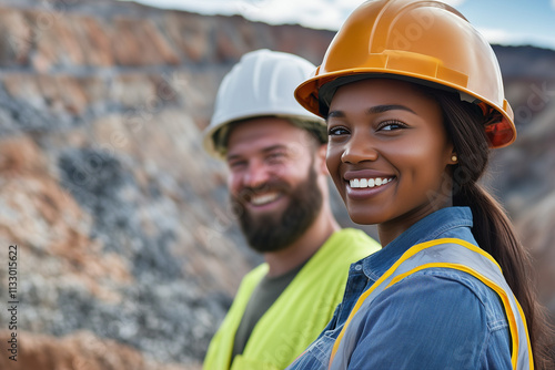 smiling male and female workers on open cut mine site wearing hard hat, high vis vest, and ppe	 photo