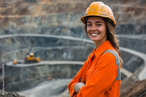 portrait of smiling female engineer on open cut mine site wearing hard hat, high vis vest, and ppe	 photo