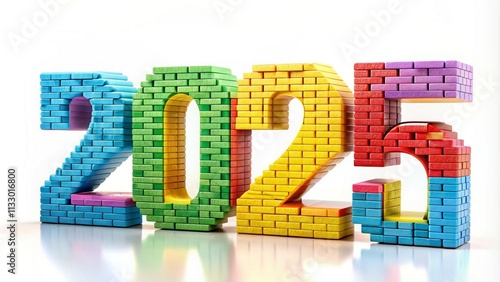 Colorful 2025 formed by bricks on a white background, symbolizing strength and growth photo