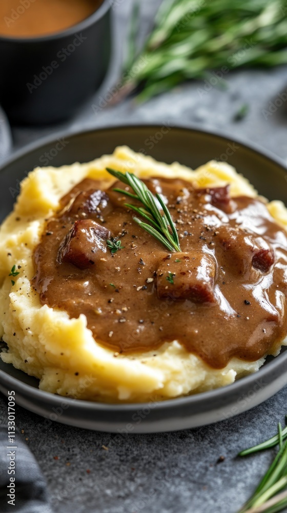 A plate of creamy mashed potatoes topped with savory gravy and meat, garnished with herbs. A plate of creamy mashed potatoes topped with savory gravy and meat, garnished with herbs.