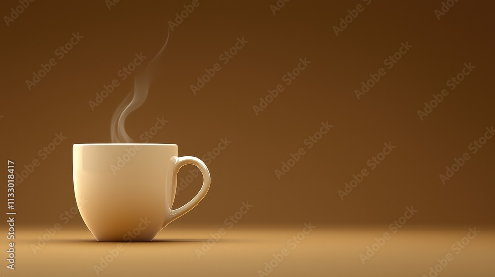 Obraz premium Warm White Coffee Cup with Steam on Minimalist Brown Background for Cozy Atmosphere