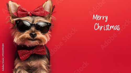 A Yorkshire Terrier with a glamorous bow and Santa hat
A tiny Yorkie with oversized glittery glasses and a Santa hat
A stylish Pomeranian in oversized sparkling glasses and a Santa hat photo