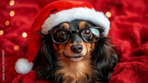 A Yorkshire Terrier with a glamorous bow and Santa hat
A tiny Yorkie with oversized glittery glasses and a Santa hat
A stylish Pomeranian in oversized sparkling glasses and a Santa hat photo