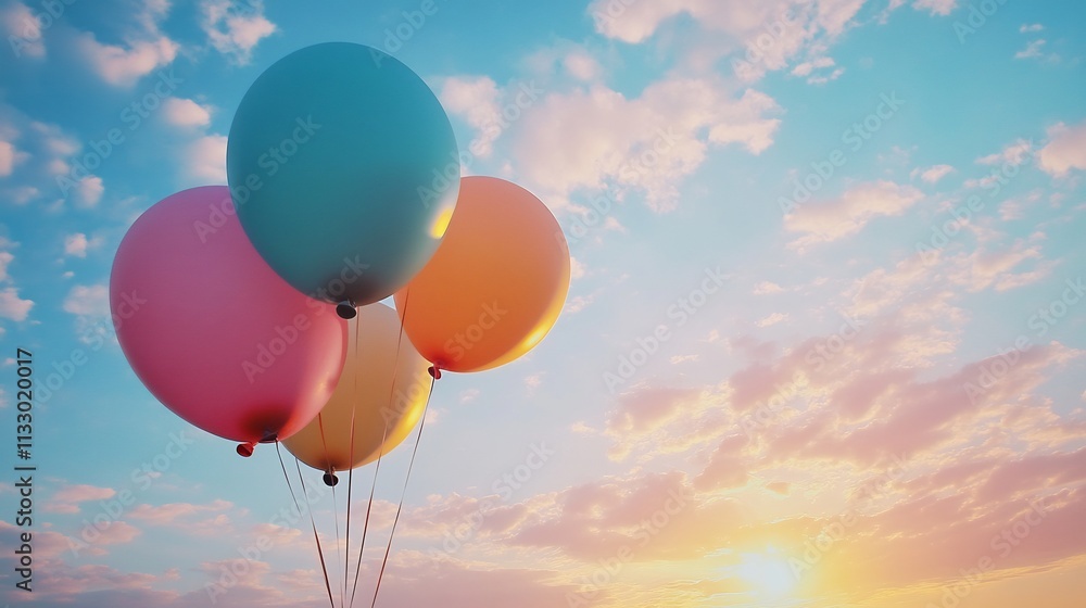 Fototapeta premium Pastel Balloons Soaring at Sunset: A Dreamy Sky