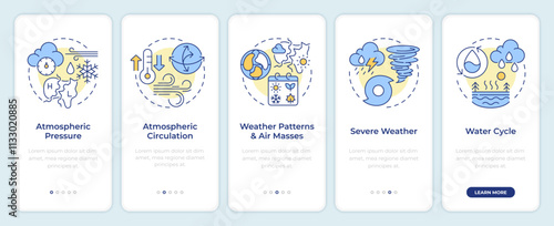 Atmospheric phenomena onboarding mobile app screen. Research walkthrough 5 steps editable graphic instructions with linear concepts. UI, UX, GUI template. Montserrat SemiBold, Regular fonts used