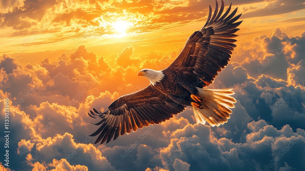 Obraz premium A dynamic shot of a soaring eagle against a dramatic sky, with sunlight breaking through clouds and casting a warm glow. The composition symbolizes freedom and strength.