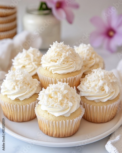 A plate of delicious cupcakes topped with creamy frosting and coconut flakes.