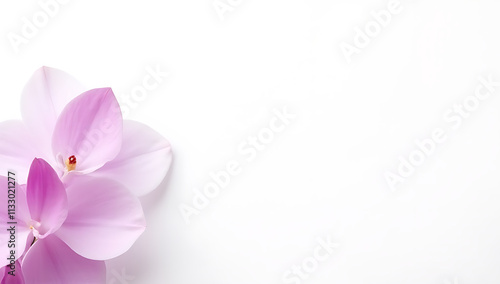 Delicate orchid petal sits atop a crisp white surface, leaving room for text or design to fill the surrounding area._00002_