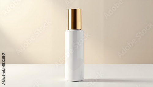 Minimalist cosmetic bottle with a gold cap on a clean surface