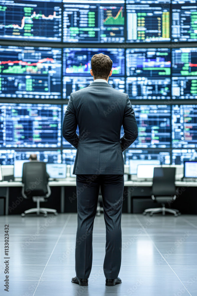Fototapeta premium A man in a suit stands in front of a large monitor displaying financial data