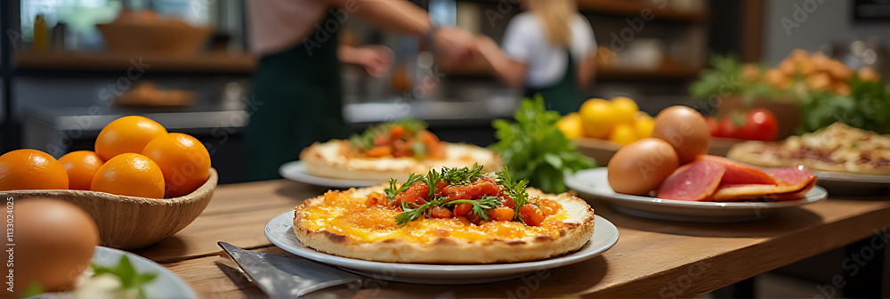 Obraz premium Cooking breakfast food in a bakery setting with natural ingredients displayed on wooden tables for product showcase and advertising purposes._00001_