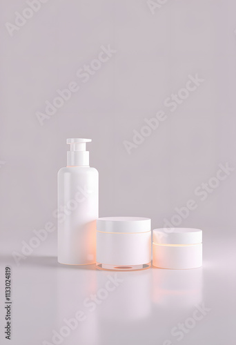 Blank white cosmetic skincare makeup containers. 3D Render, glowing neon