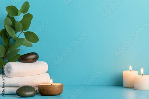 A eucalyptus branch lying on a spa towel, accompanied by candles and smooth stones, symbolizing relaxation photo