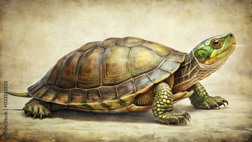 Obraz premium Editable retro turtle graphic: vintage wildlife illustration, layered design for easy customization.