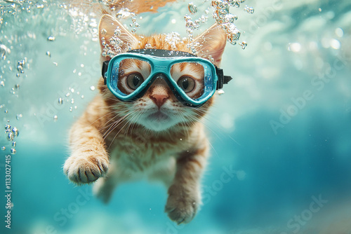 a cat jumps into the water wearing diving goggles