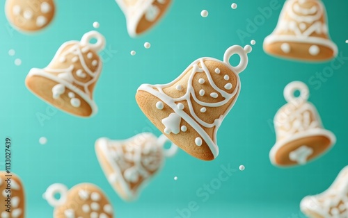 Sugar cookies shaped like bells and ornaments with icing details floating mid-air on a bright teal background for christmas photo