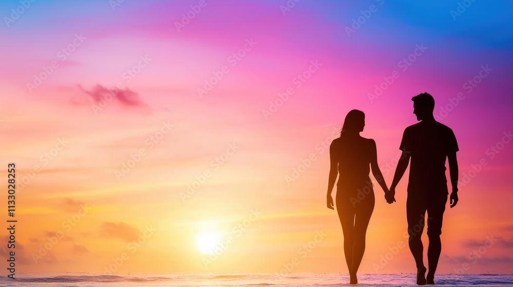 Fototapeta premium Romantic Silhouette of Couple Walking Hand in Hand at Sunset Beach