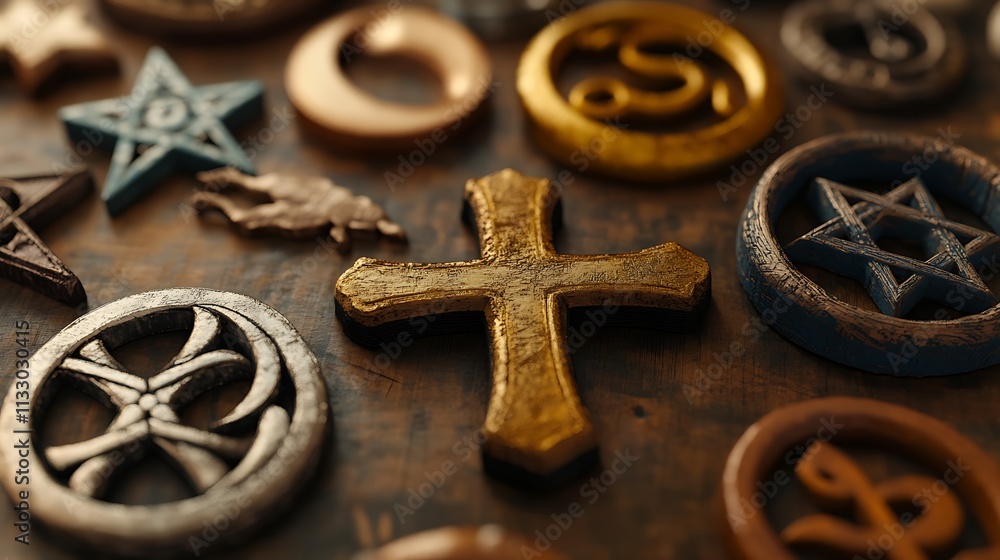 Fototapeta premium A close-up of various religious symbols such as a cross, Star of David, crescent moon, and Om, arranged together on a table 