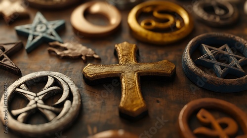 A close-up of various religious symbols such as a cross, Star of David, crescent moon, and Om, arranged together on a table  photo