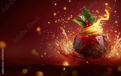 Christmas pudding with flaming brandy and holly leaves flying in a dynamic motion on a rich burgundy background for christmas photo