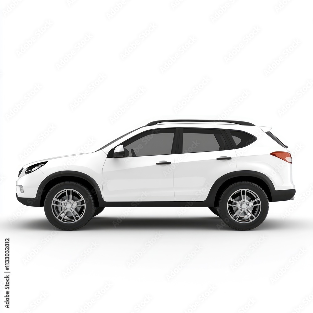 Obraz premium Sleek White SUV Isolated on Pristine Background. Side Perspective of a Modern Crossover Utility Vehicle in Three-Dimensional Rendering