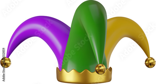 3d jester hat. isolated jolly party hat with mardi gras colors. mardi gras cap