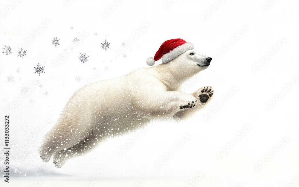 Fototapeta premium A whimsical polar bear wearing a Santa hat, playfully leaping in the air with snowflakes around it on a white background