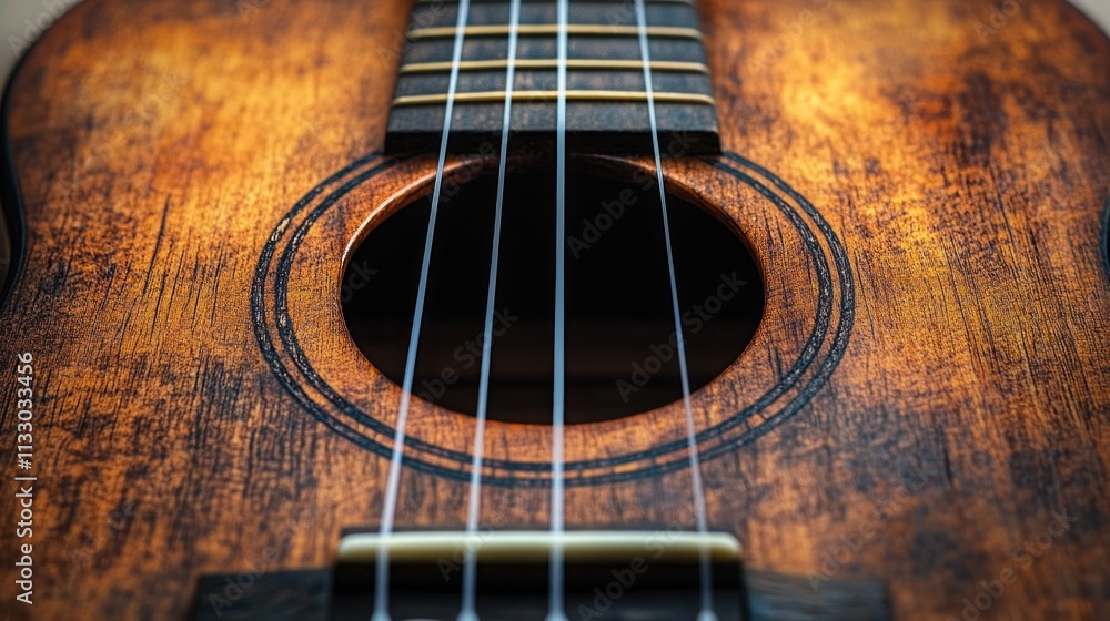 Obraz premium Close-up of a vintage ukulele's sound hole and strings.