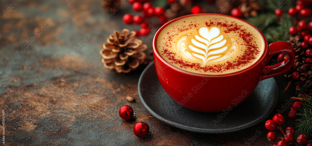 Warm latte art in a cozy holiday setting. A red cup with intricate latte art sits on a dark plate surrounded by festive decorations and pine cones. Warm latte art in a cozy holiday setting. A red cup with intricate latte art sits on a dark plate surrounded by festive decorations and pine cones.
