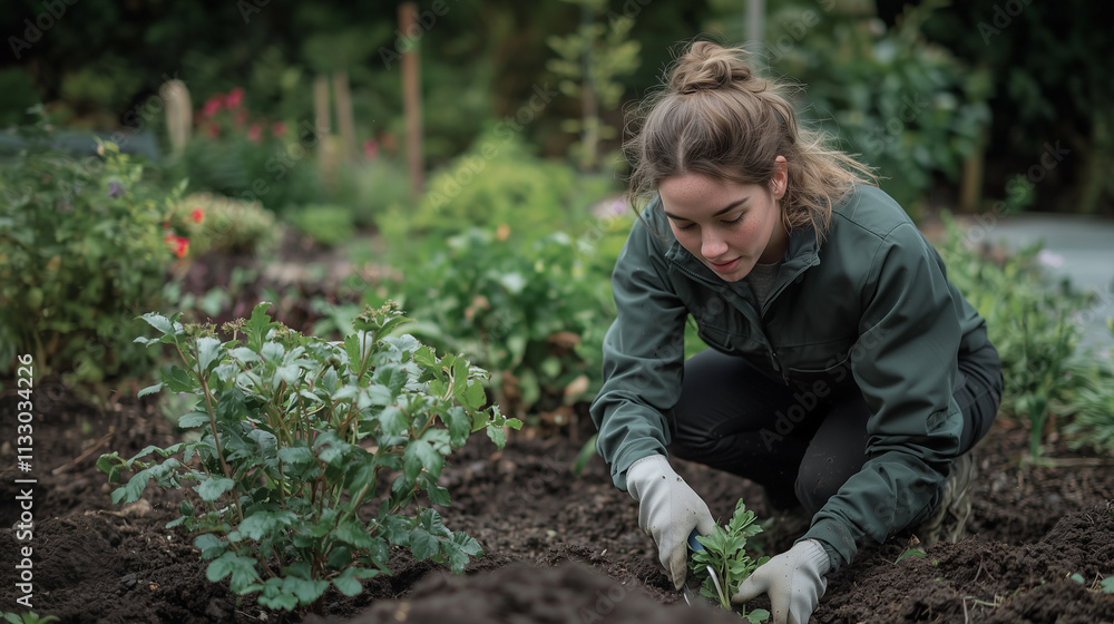 A woman is planting a seedling in a garden A woman is planting a seedling in a garden