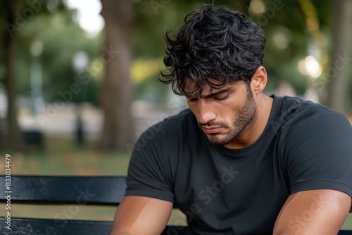 A strong, muscular man sits in a park looking down thoughtfully, displaying a mix of intensity and introspection within a serene natural setting.
