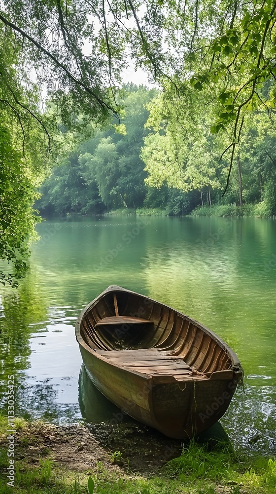 Obraz premium Vintage retro fishing boat gently floating on a green river.