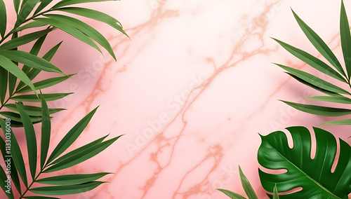 Beautiful tropical leaves are set against a vibrant coral and white marble background with plenty of copy space available._00002_ photo