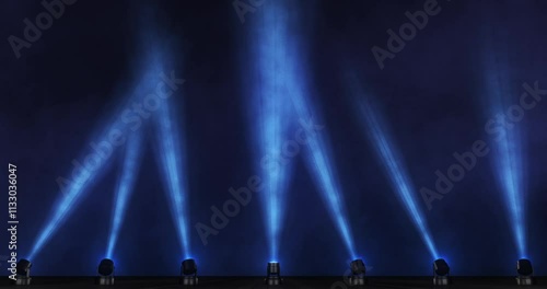 Blue stage lights with fog and smoke. Looping animation. 3D render.