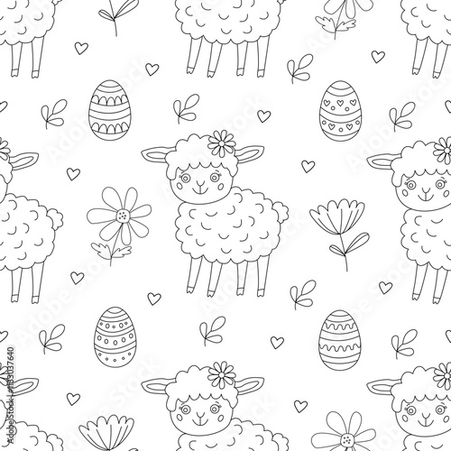 Spring seamless pattern with Easter eggs, flowers and little funny lambs. Vector illustration in doodle hand drawn style, black outline. Great for coloring, wrapping paper