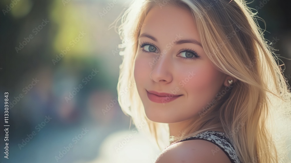 Naklejka premium Blonde woman with long hair and a black and white dress