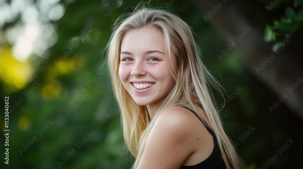 Naklejka premium Woman with blonde hair is smiling