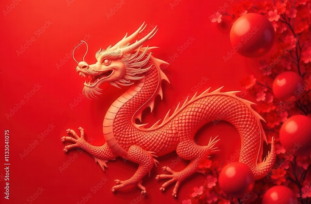 Fototapeta premium A red dragon is beautifully surrounded by vibrant red flowers