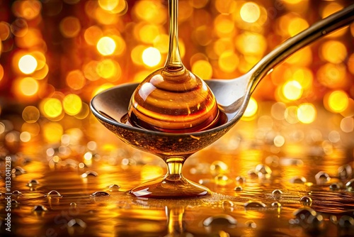 Golden honey, thick and glistening, clings to a spoon; a close-up reveals its rich texture. photo