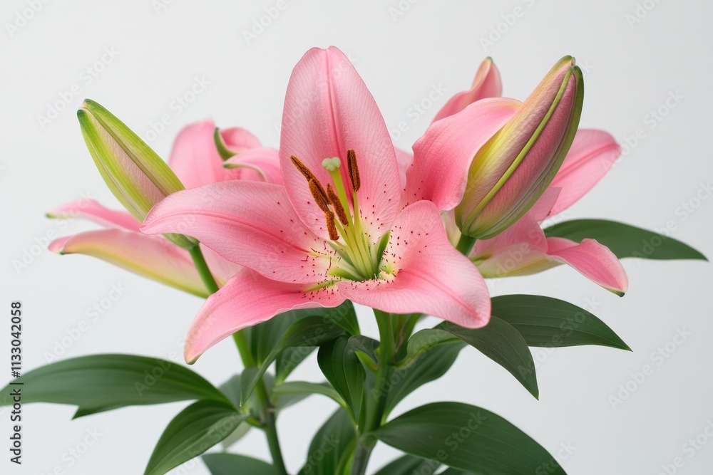 Fototapeta premium Vibrant Pink Lily Blossom Isolated Against a Pure White Backdrop with Lush Green Leaves and Buds
