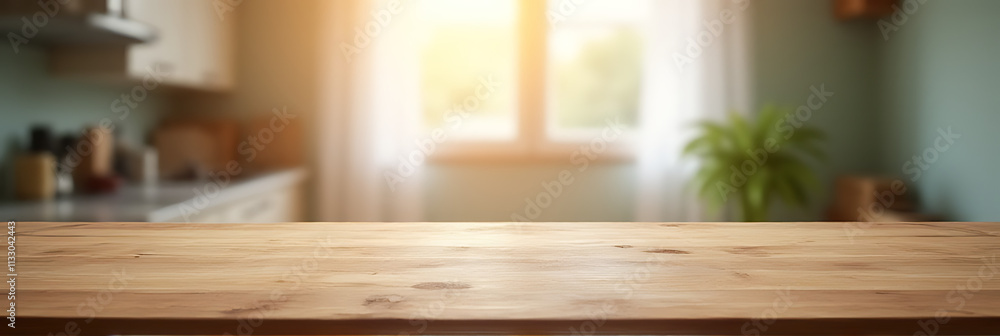 A wooden table is positioned at a counter with a blurred curtain and window visible in the morning light background._00001_