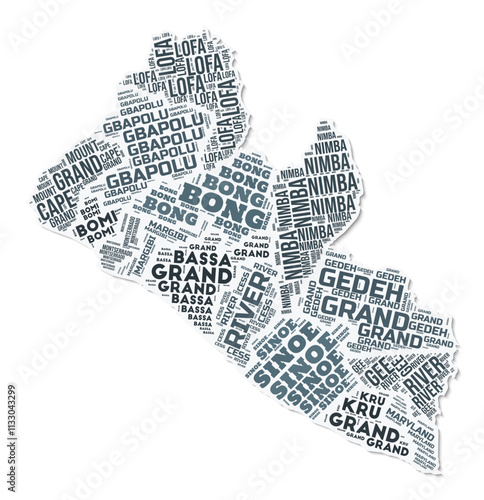 Liberia shape text cloud. Country border with shadow on white background. Liberia with regions division in vintage gazette style. Vibrant vector illustration.
