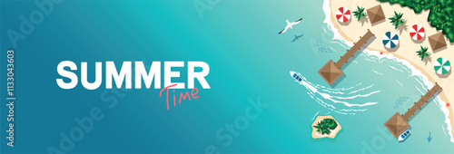 Aerial view of the tropical beach and islands. Summer travel. Horizontal vector illustration in cartoon style.