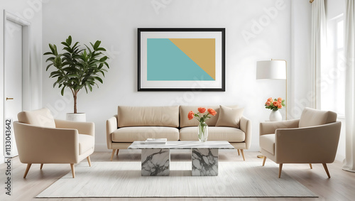 Wallpaper Mural Frame mockup in farmhouse living room design. Modern loft in white interior space. Bright living room design, poster mockup in Scandinavian room interior. 3d illustration Torontodigital.ca