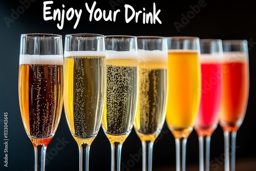 Row of wine glasses with a sign that says "enjoy your drink". The glasses are filled with different colored drinks, including a pink drink